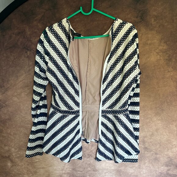 Size Medium Navy Blue and White BCBG Max Azria Peplum Zip Up Jacket - Picture 1 of 3